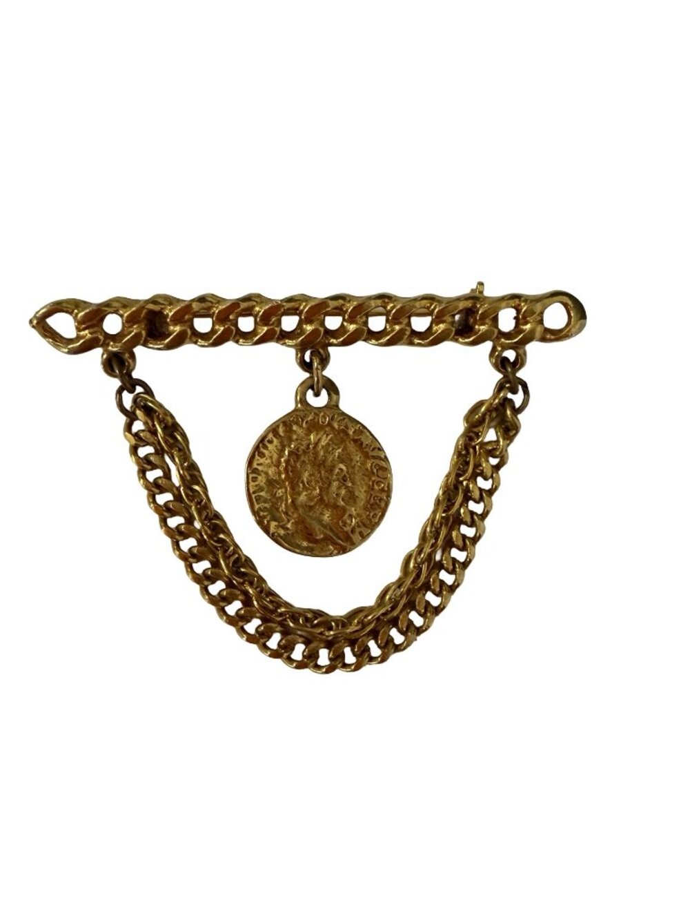 Vintage Roman Coin Brooch Gold Tone Double Chain Swag Pin 2.5 Inch
